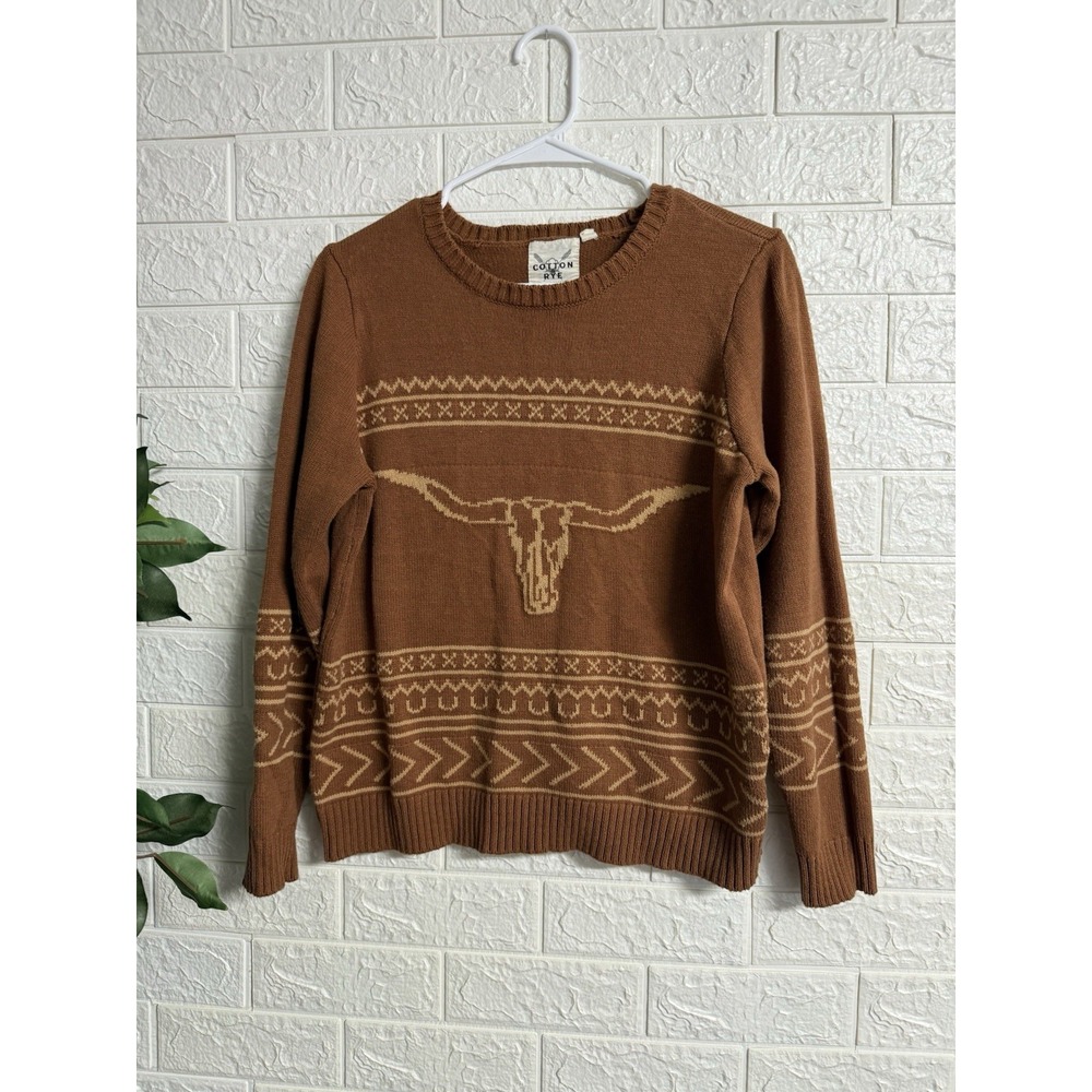 Cotton & Rye Outfitters Womens L Longhorn Skull Sweater Brown & Tan Western